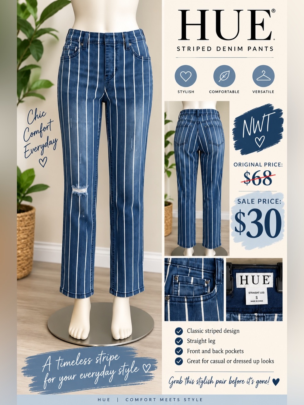 HUE Striped Straight-Leg Jeans in Blue and White